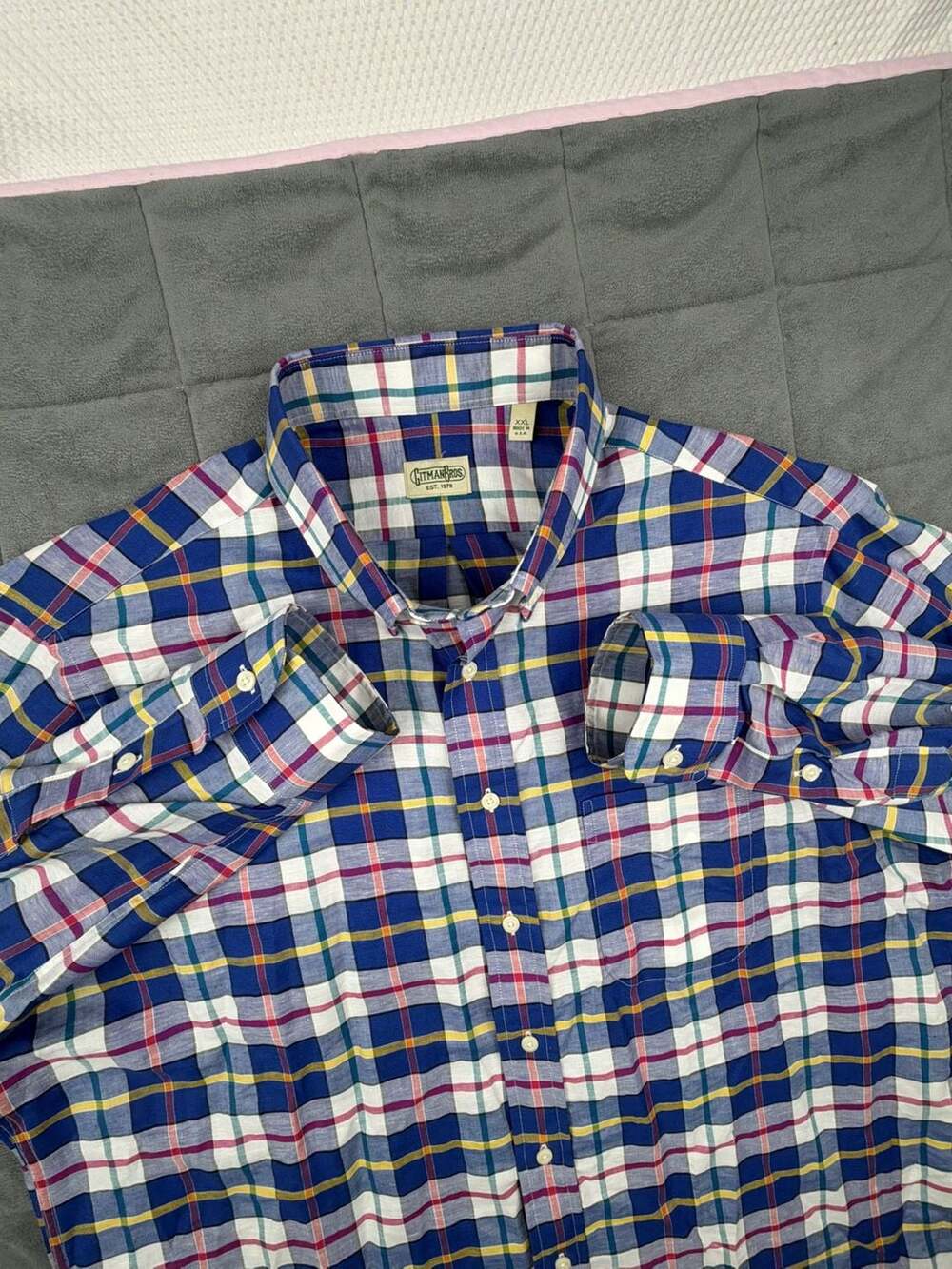 Gitman Bros. Mens XXL Blue Plaid Long Sleeve Button Down Shirt Linen Cotton